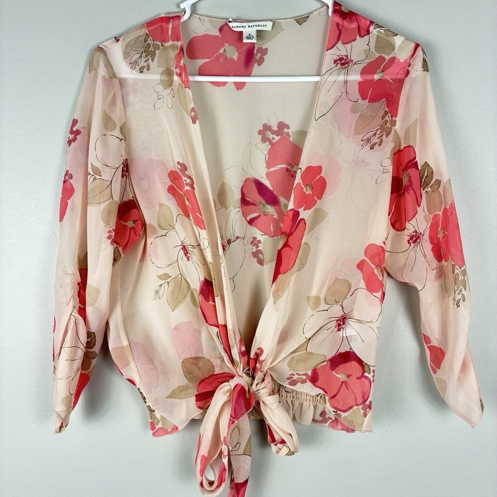 Banana Republic Silk Floral Top Tie Front Blouse Women's S Pink Boho Festival - Picture 1 of 8